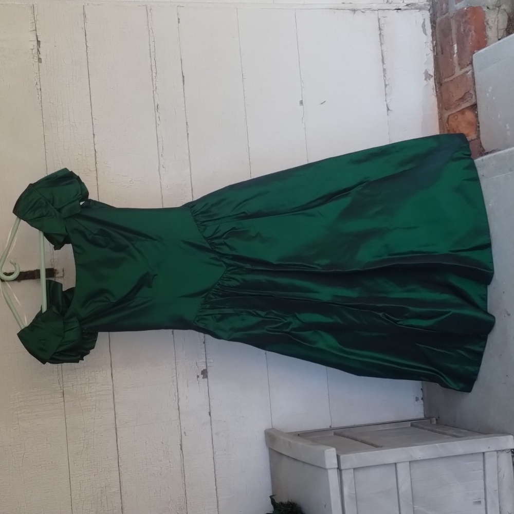 VINTAGE 1980s TAFFETA SATIN Emerald Tea Length Gown
